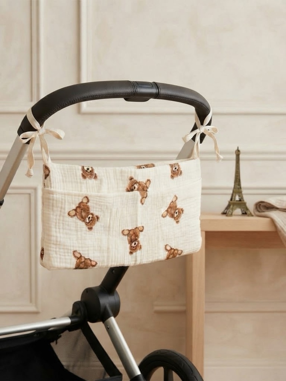 Anna-Kaci Teddy Bear Cream Gauze Stroller Caddy/Organizer Bag